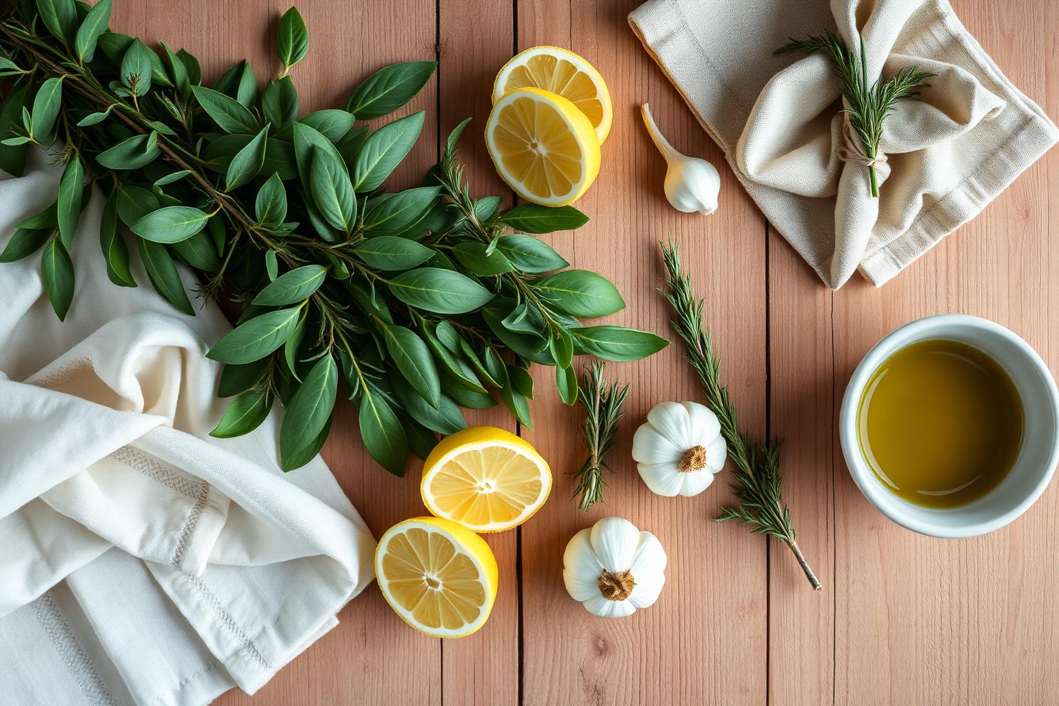 Fresh sage, lemons, garlic and olive oil on a wooden table
